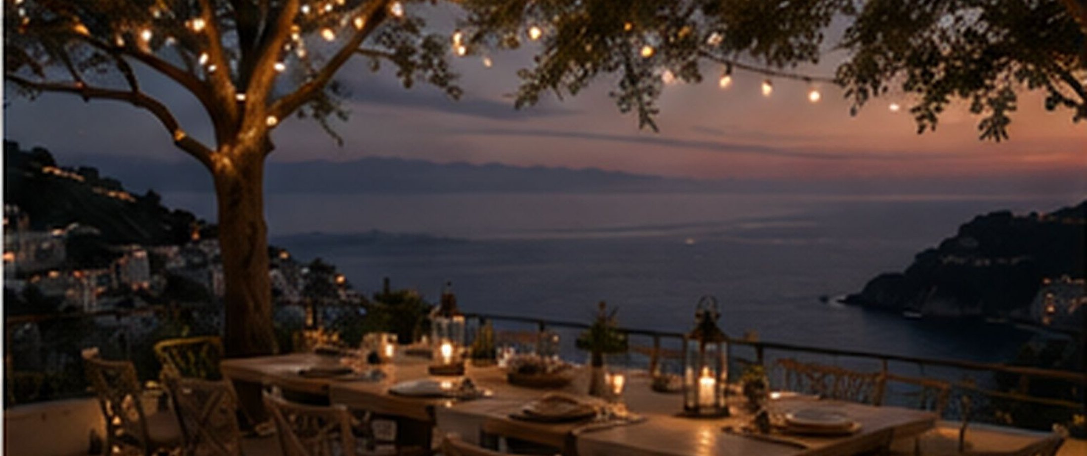 Grande table dressée sur une terrasse dominant la mer, guirlandes lumineuses et lanternes à la tombée du jour