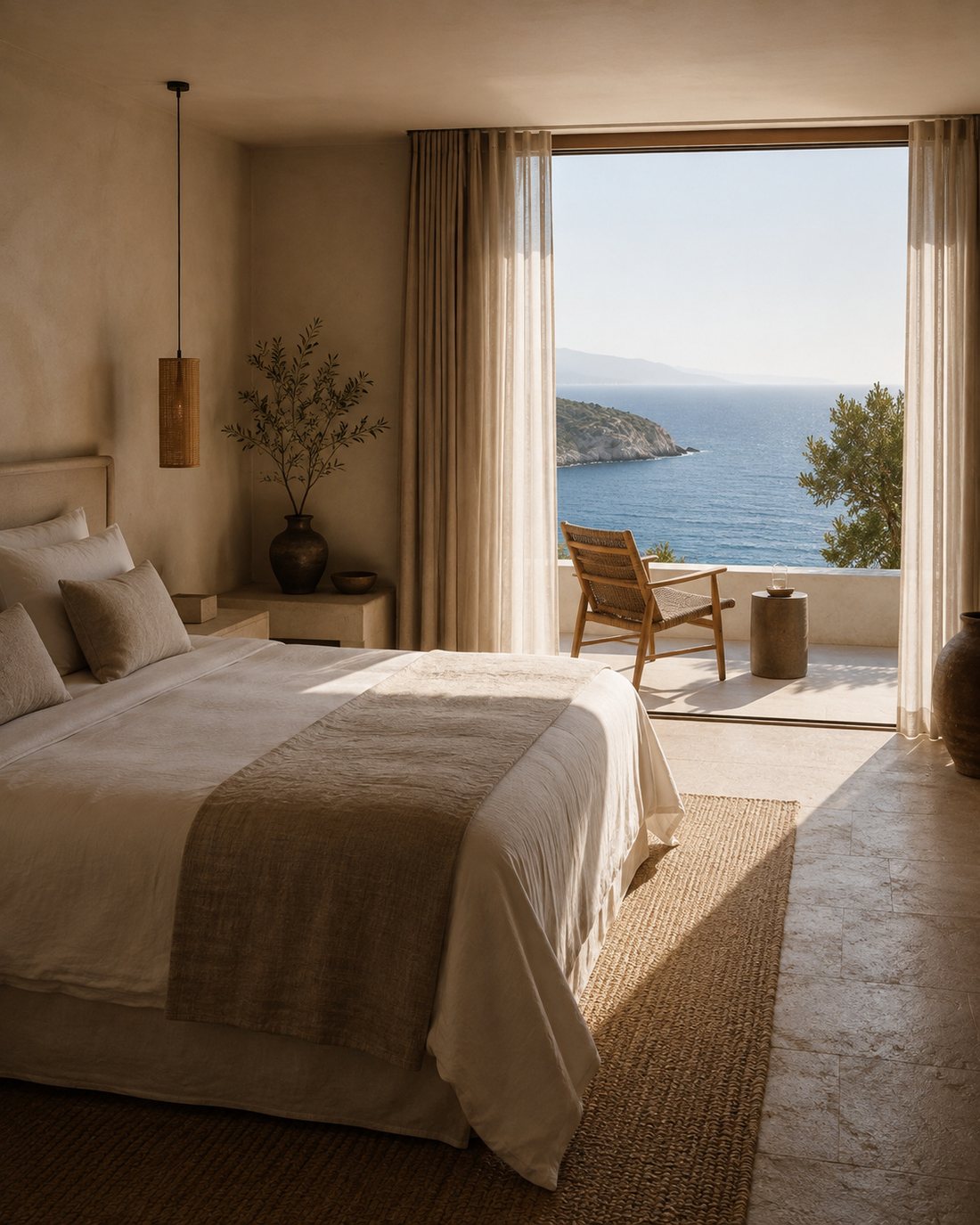 Chambre d'hôtel ouverte sur la Méditerranée au petit matin