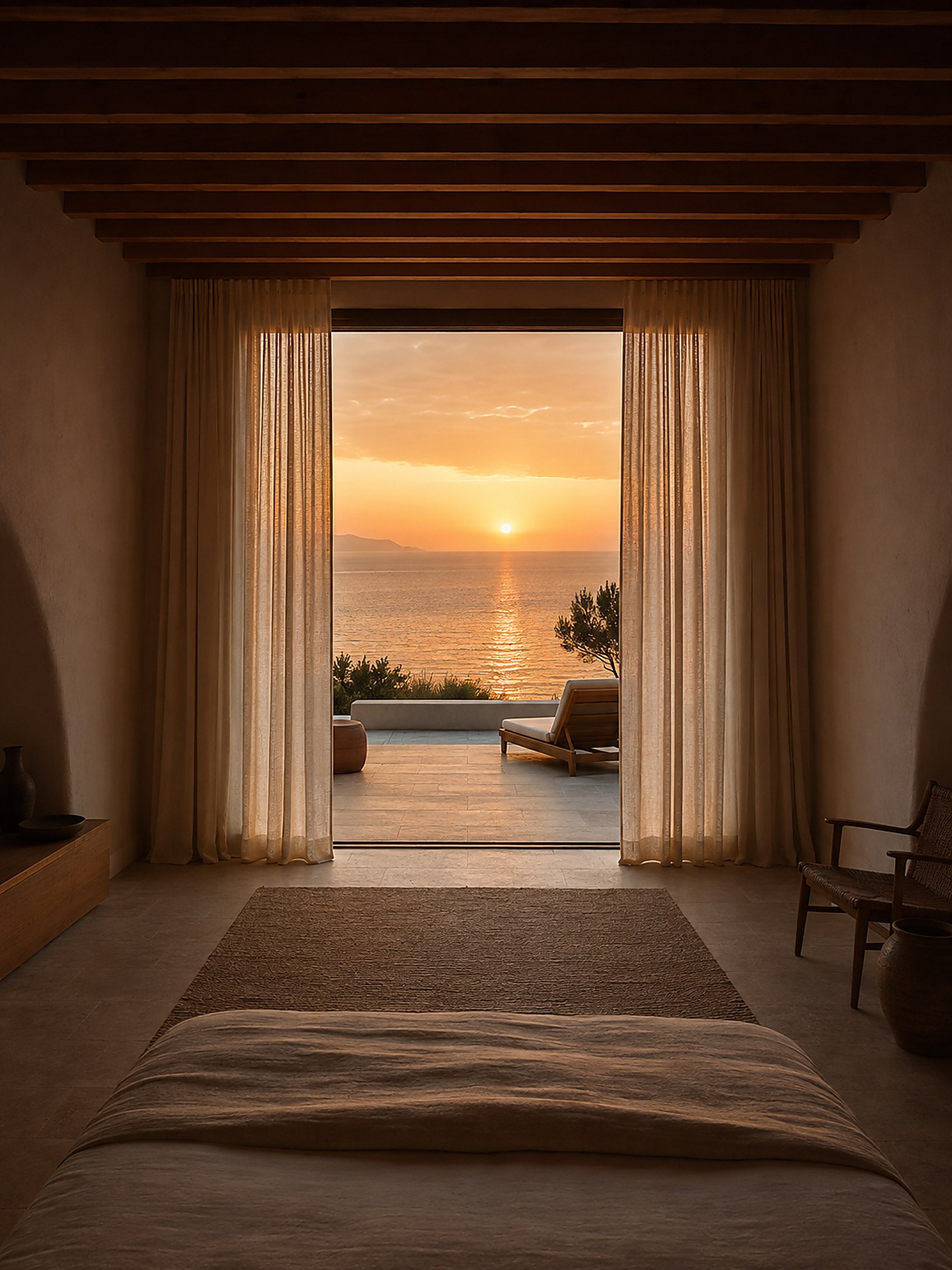 Chambre ouverte sur la mer au coucher du soleil