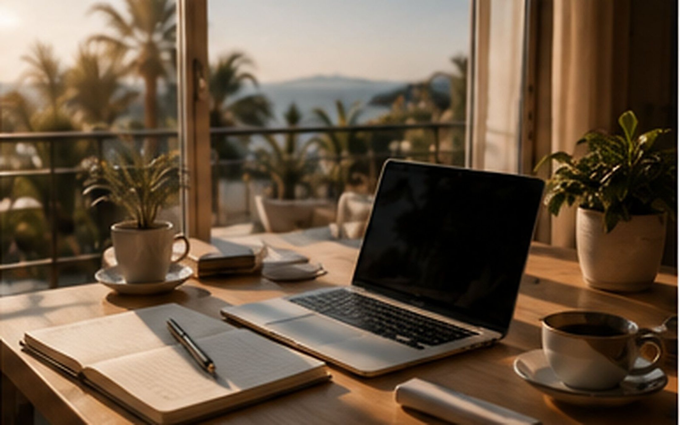 Ordinateur portable, carnet et tasse de café sur une table de bois, devant un balcon ouvert sur la végétation